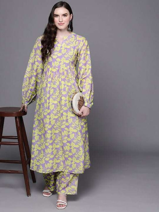 Women Purple Floral Printed Kurta with Trousers - Inddus.com