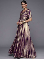 Women Purple & Gold-Toned Georgette Anarkali Kurta with Dupatta - Inddus.com