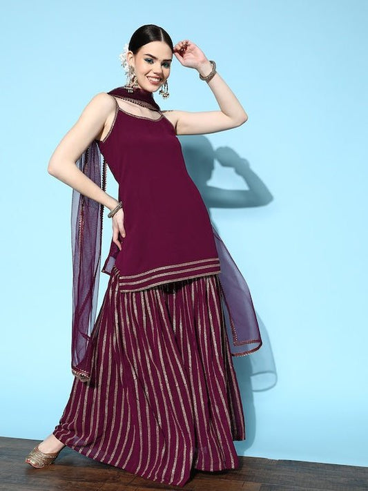 Women Purple Kurta with Sharara & With Dupatta - Inddus.com