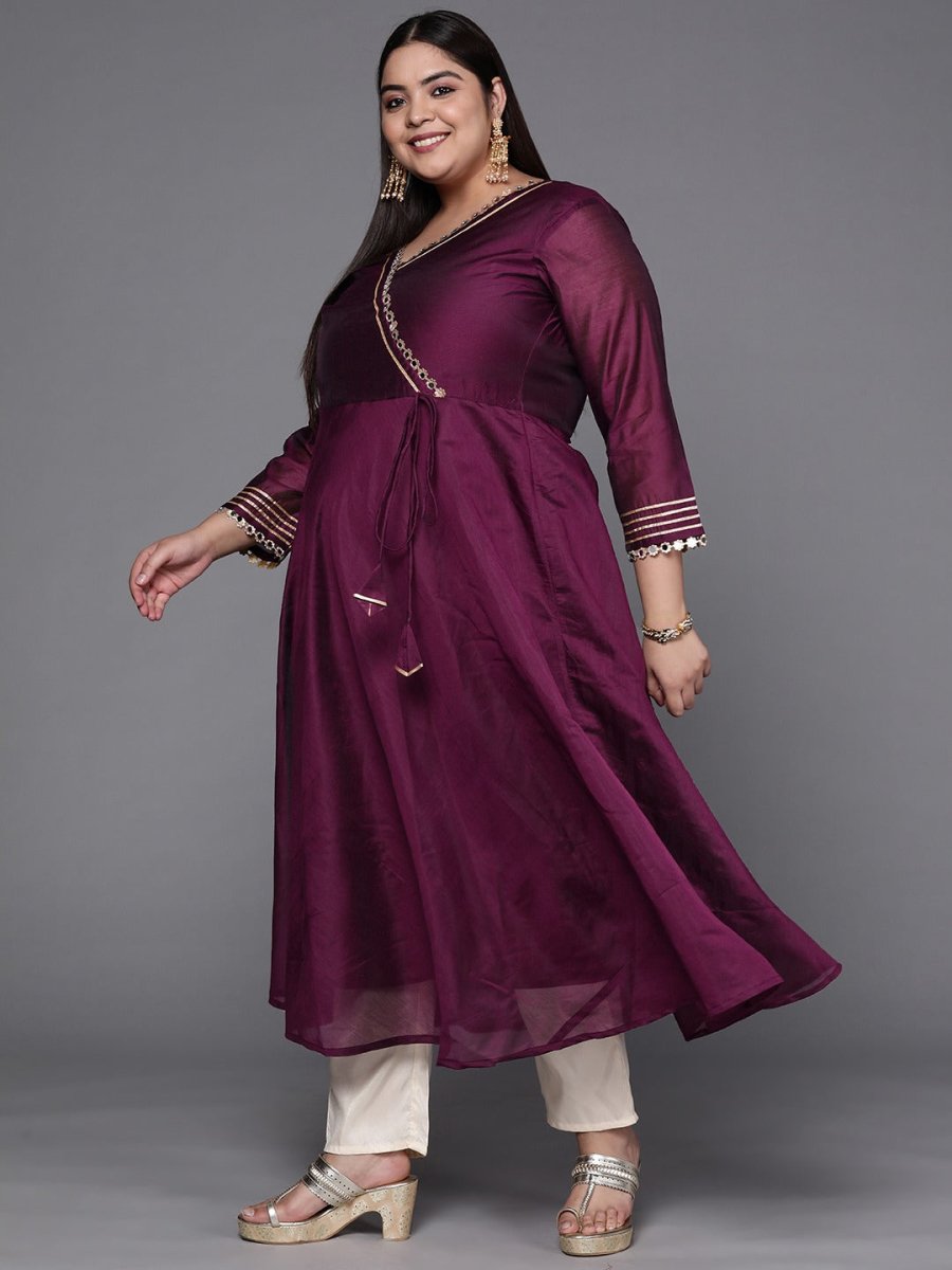Women Purple Mirror Work Tie-Up Detail A-Line Kurta - Inddus.com