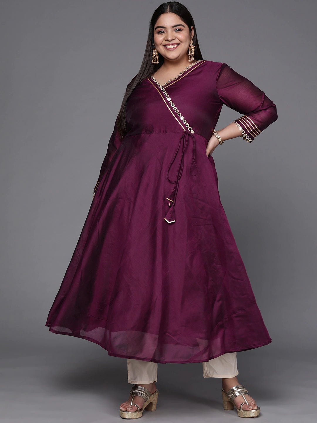 Women Purple Mirror Work Tie-Up Detail A-Line Kurta - Inddus.com