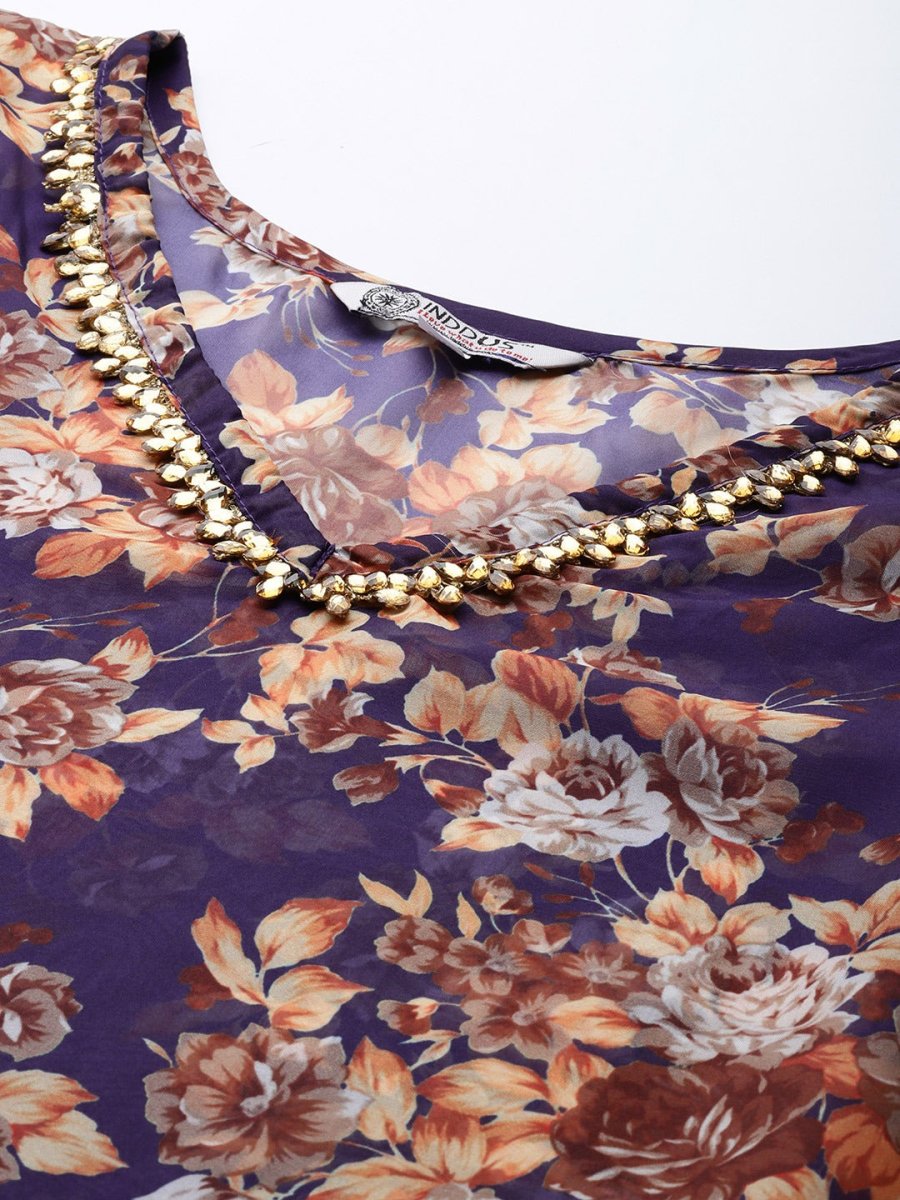 Women Purple & Orange Floral Printed Organza Scalloped Edge Kurta - Inddus.com