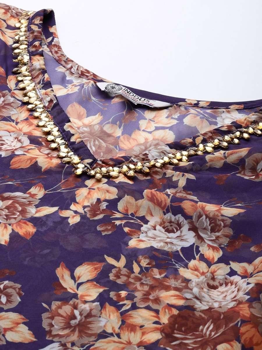 Women Purple & Orange Floral Printed Organza Scalloped Edge Kurta - Inddus.com