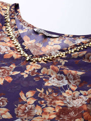 Women Purple & Orange Floral Printed Organza Scalloped Edge Kurta - Inddus.com