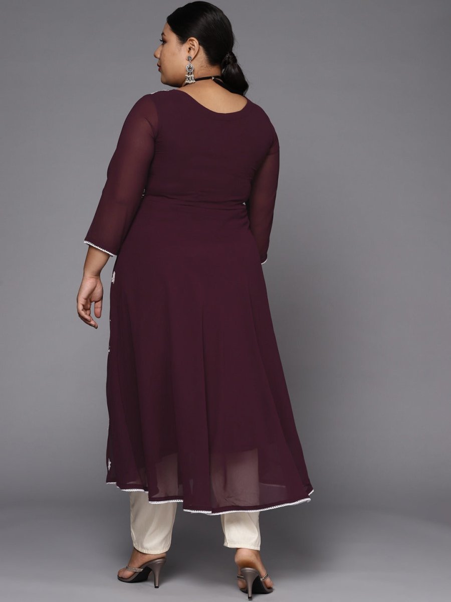 Women Purple & White Floral Embroidered Thread Work Georgette Anarkali Kurta - Inddus.com