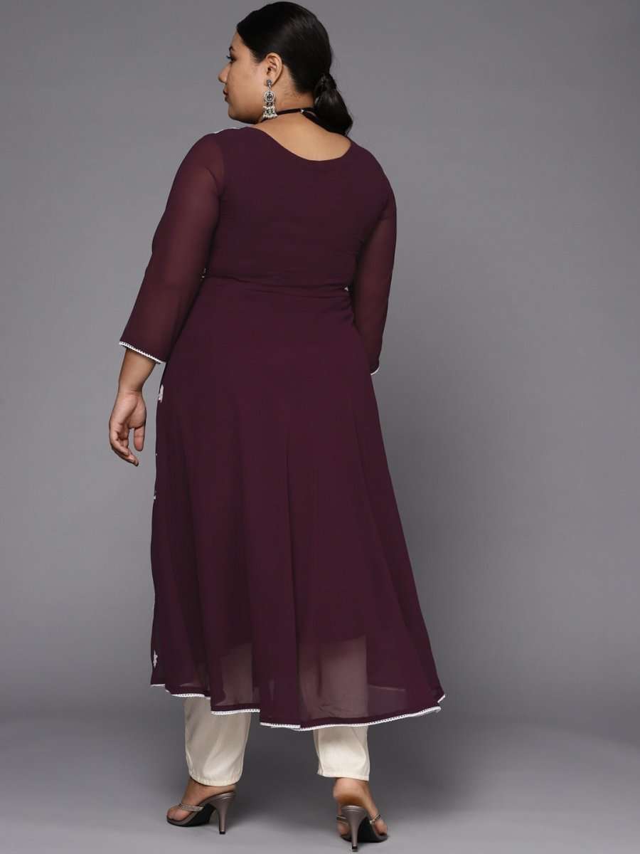 Women Purple & White Floral Embroidered Thread Work Georgette Anarkali Kurta - Inddus.com