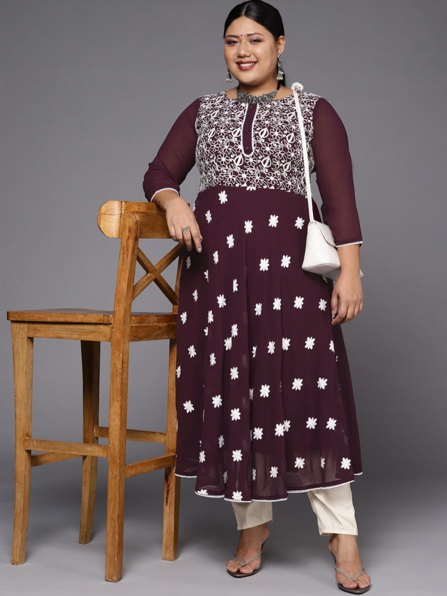 Women Purple & White Floral Embroidered Thread Work Georgette Anarkali Kurta - Inddus.com