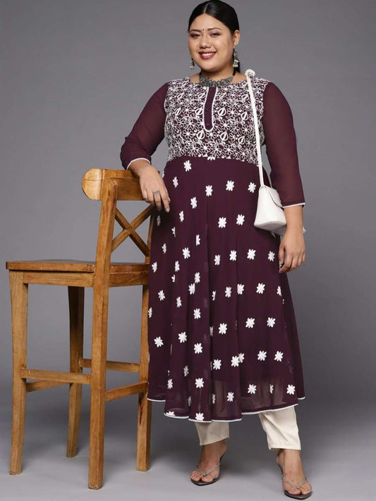 Women Purple & White Floral Embroidered Thread Work Georgette Anarkali Kurta - Inddus.com