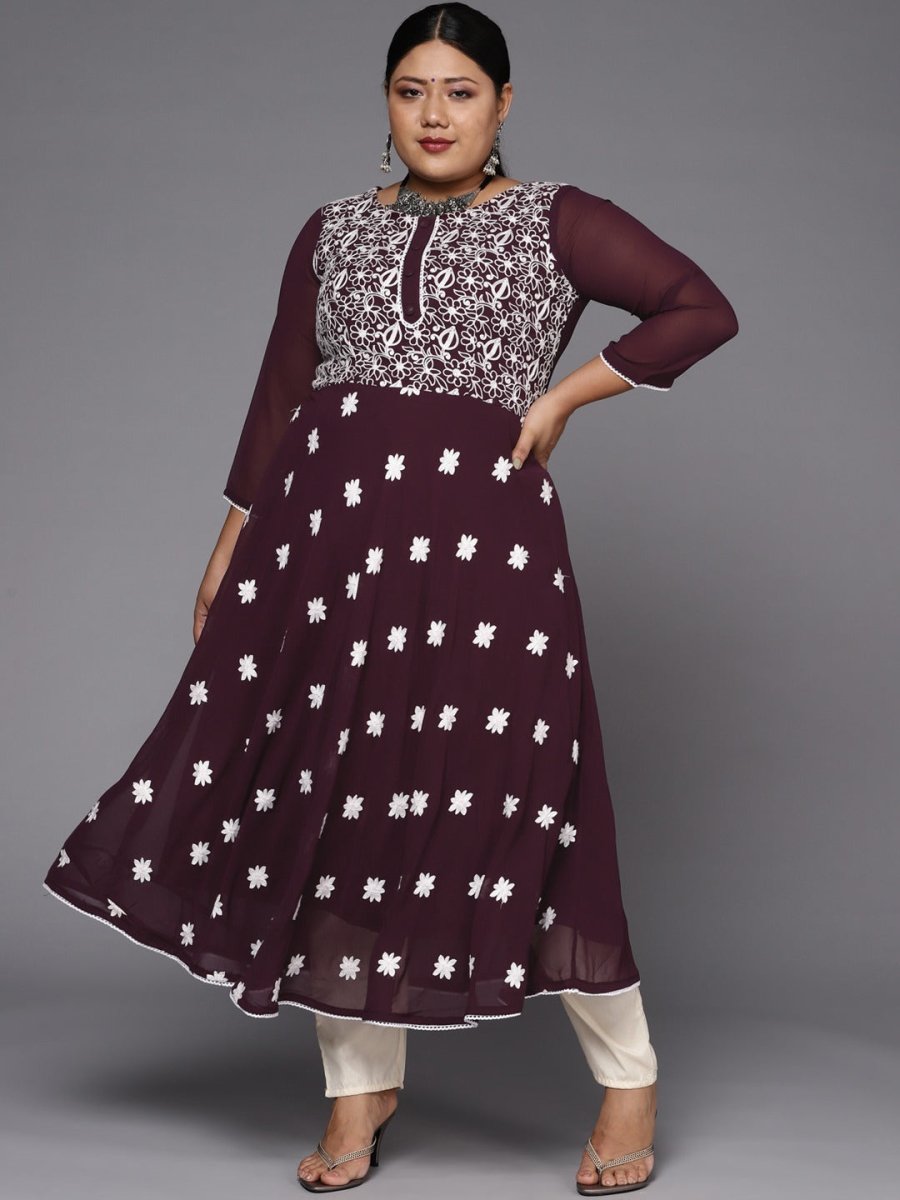 Women Purple & White Floral Embroidered Thread Work Georgette Anarkali Kurta - Inddus.com