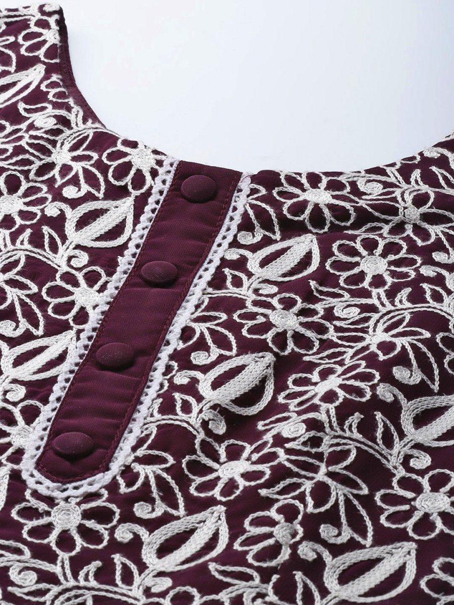 Women Purple & White Floral Embroidered Thread Work Georgette Anarkali Kurta - Inddus.com