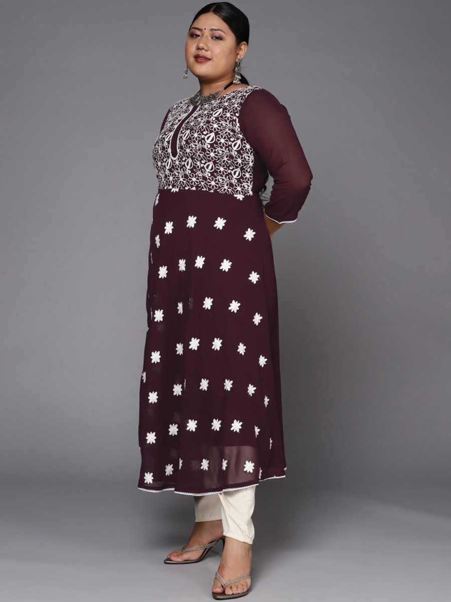 Women Purple & White Floral Embroidered Thread Work Georgette Anarkali Kurta - Inddus.com