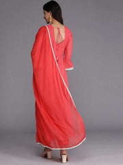 Women Red Bandhani Printed Pleated Thread Work Kurta with Trousers & With Dupatta - Inddus.com