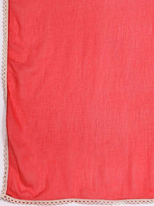 Women Red Bandhani Printed Pleated Thread Work Kurta with Trousers & With Dupatta - Inddus.com