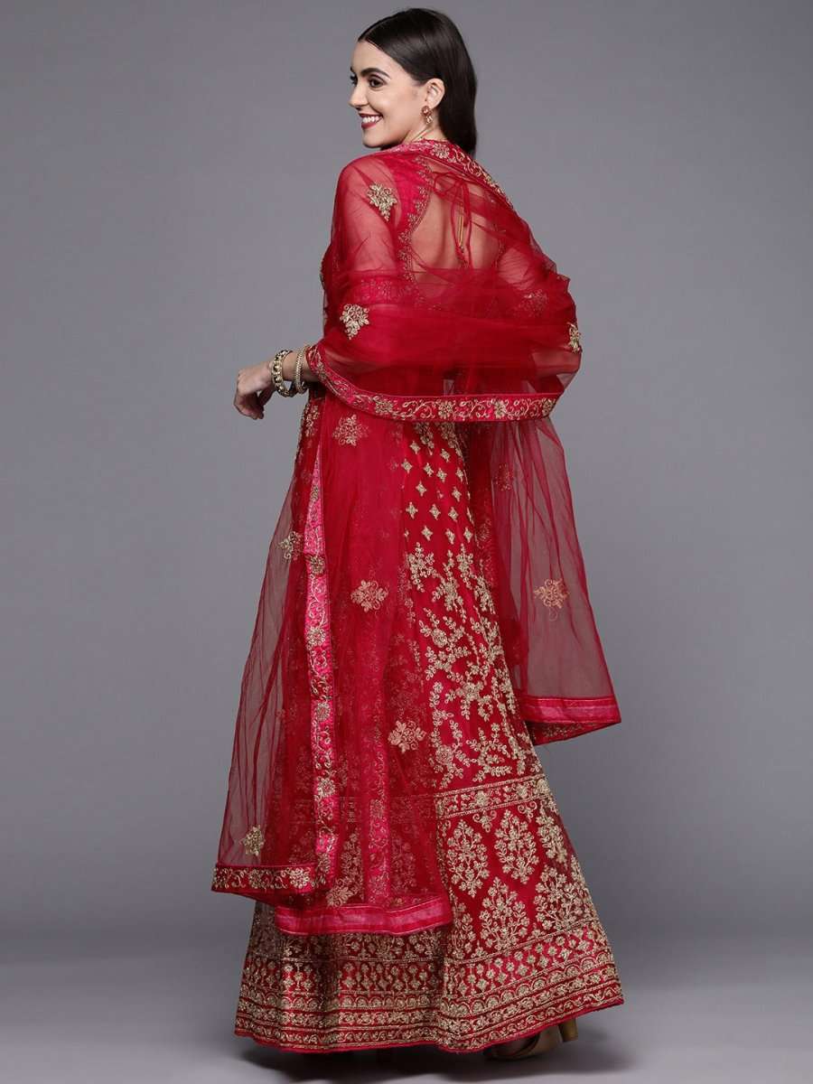 Women Red Embroidered Semi-Stitched Lehenga & Unstitched Blouse With Dupatta - Inddus.com