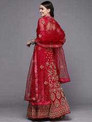 Women Red Embroidered Semi-Stitched Lehenga & Unstitched Blouse With Dupatta - Inddus.com