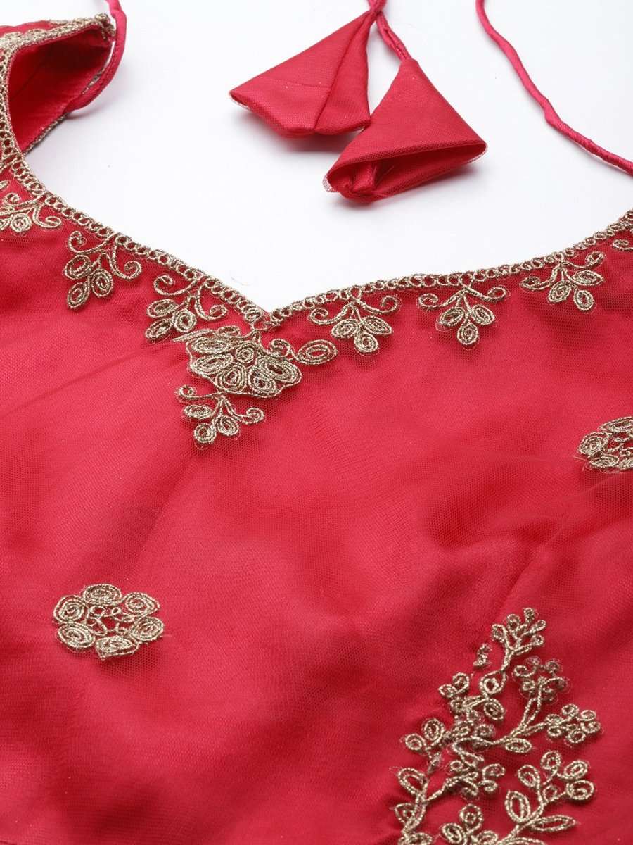 Women Red Embroidered Semi-Stitched Lehenga & Unstitched Blouse With Dupatta - Inddus.com