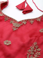 Women Red Embroidered Semi-Stitched Lehenga & Unstitched Blouse With Dupatta - Inddus.com