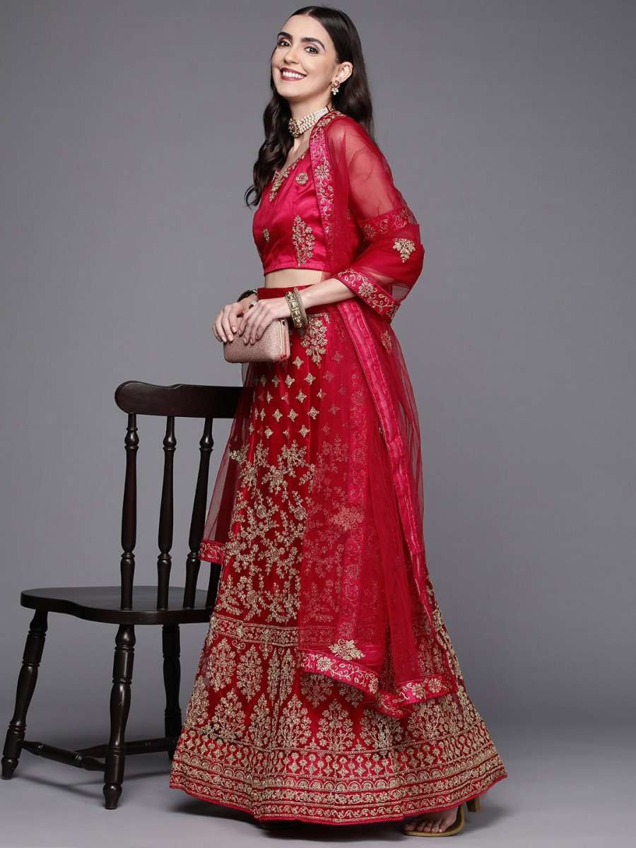 Women Red Embroidered Semi-Stitched Lehenga & Unstitched Blouse With Dupatta - Inddus.com