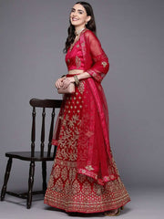Women Red Embroidered Semi-Stitched Lehenga & Unstitched Blouse With Dupatta - Inddus.com