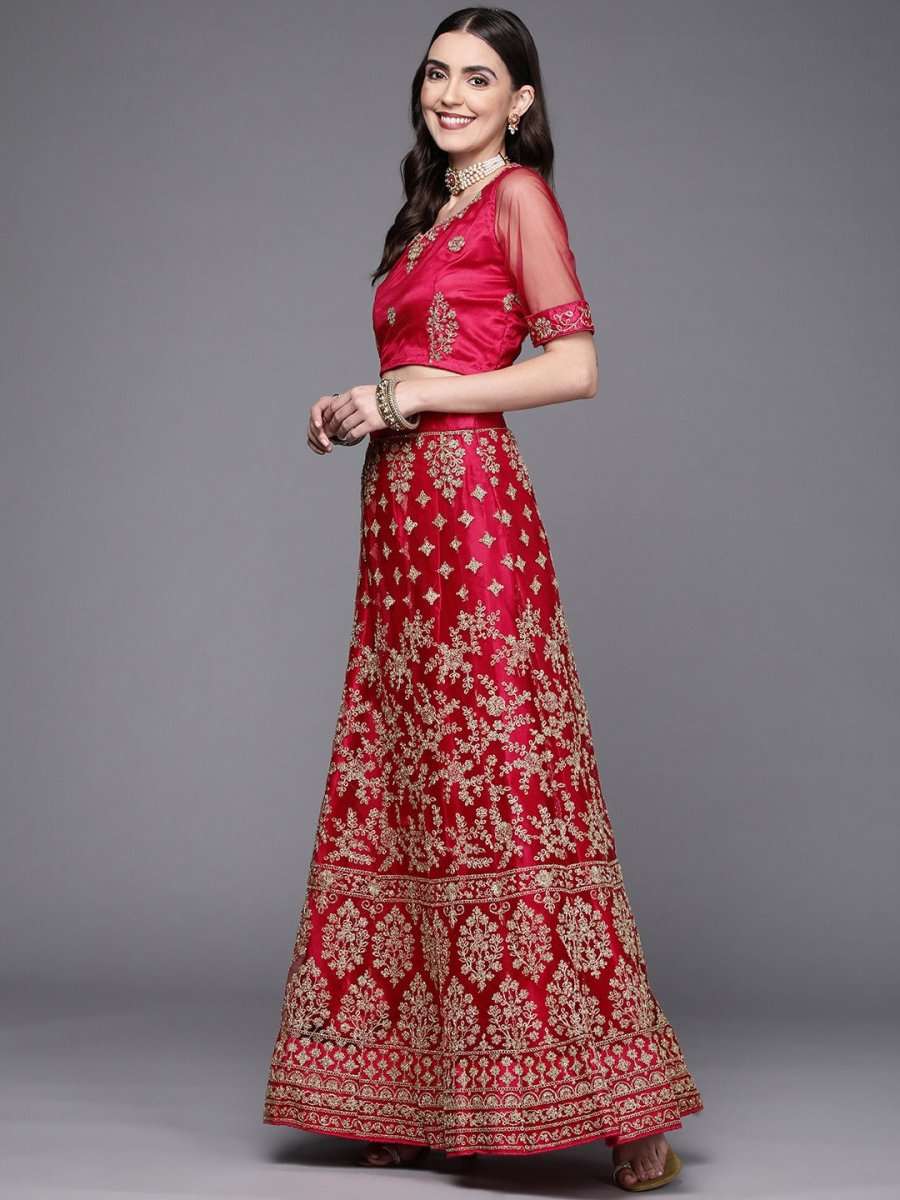 Women Red Embroidered Semi-Stitched Lehenga & Unstitched Blouse With Dupatta - Inddus.com