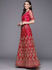 Women Red Embroidered Semi-Stitched Lehenga & Unstitched Blouse With Dupatta - Inddus.com