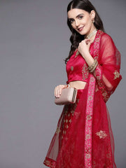 Women Red Embroidered Semi-Stitched Lehenga & Unstitched Blouse With Dupatta - Inddus.com