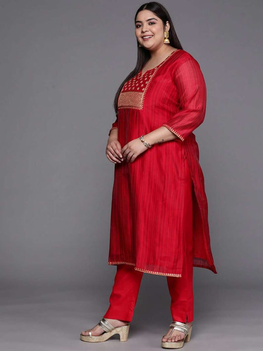 Women Red Embroidered Sequinned Kurta with Trousers & With Dupatta - Inddus.com