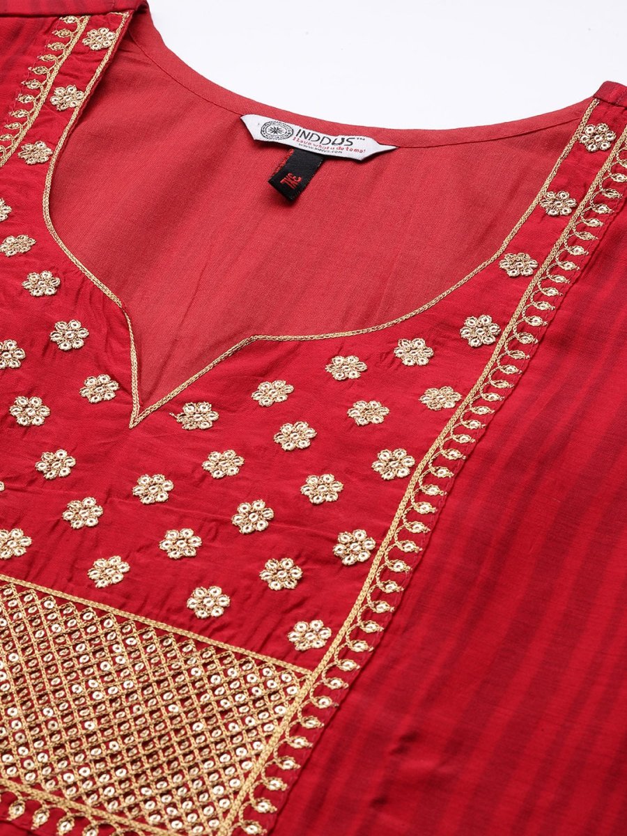 Women Red Embroidered Sequinned Kurta with Trousers & With Dupatta - Inddus.com