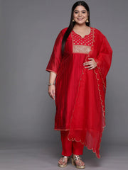 Women Red Embroidered Sequinned Kurta with Trousers & With Dupatta - Inddus.com