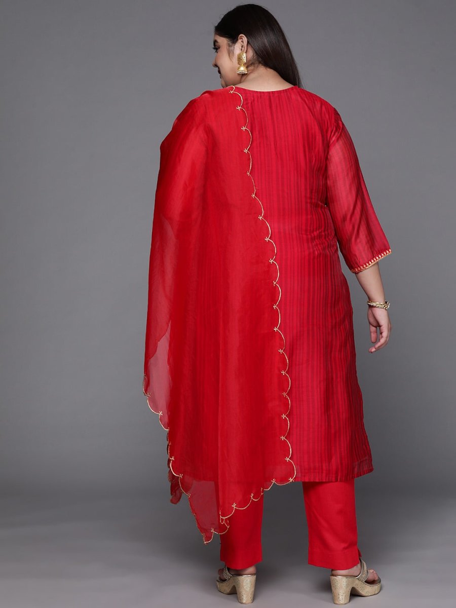 Women Red Embroidered Sequinned Kurta with Trousers & With Dupatta - Inddus.com