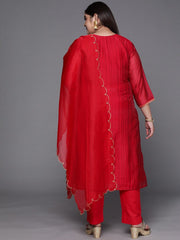 Women Red Embroidered Sequinned Kurta with Trousers & With Dupatta - Inddus.com