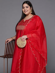 Women Red Embroidered Sequinned Kurta with Trousers & With Dupatta - Inddus.com