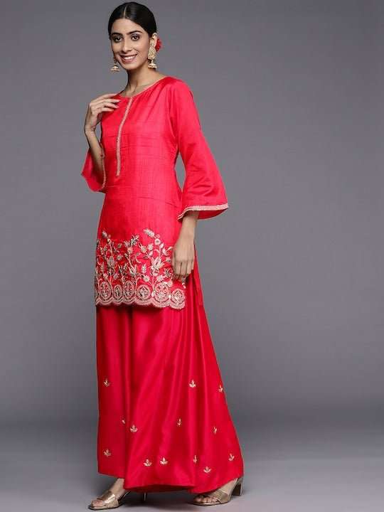 Women Red Floral Embroidered Sequinned Kurta with Sharara & With Dupatta - Inddus.com