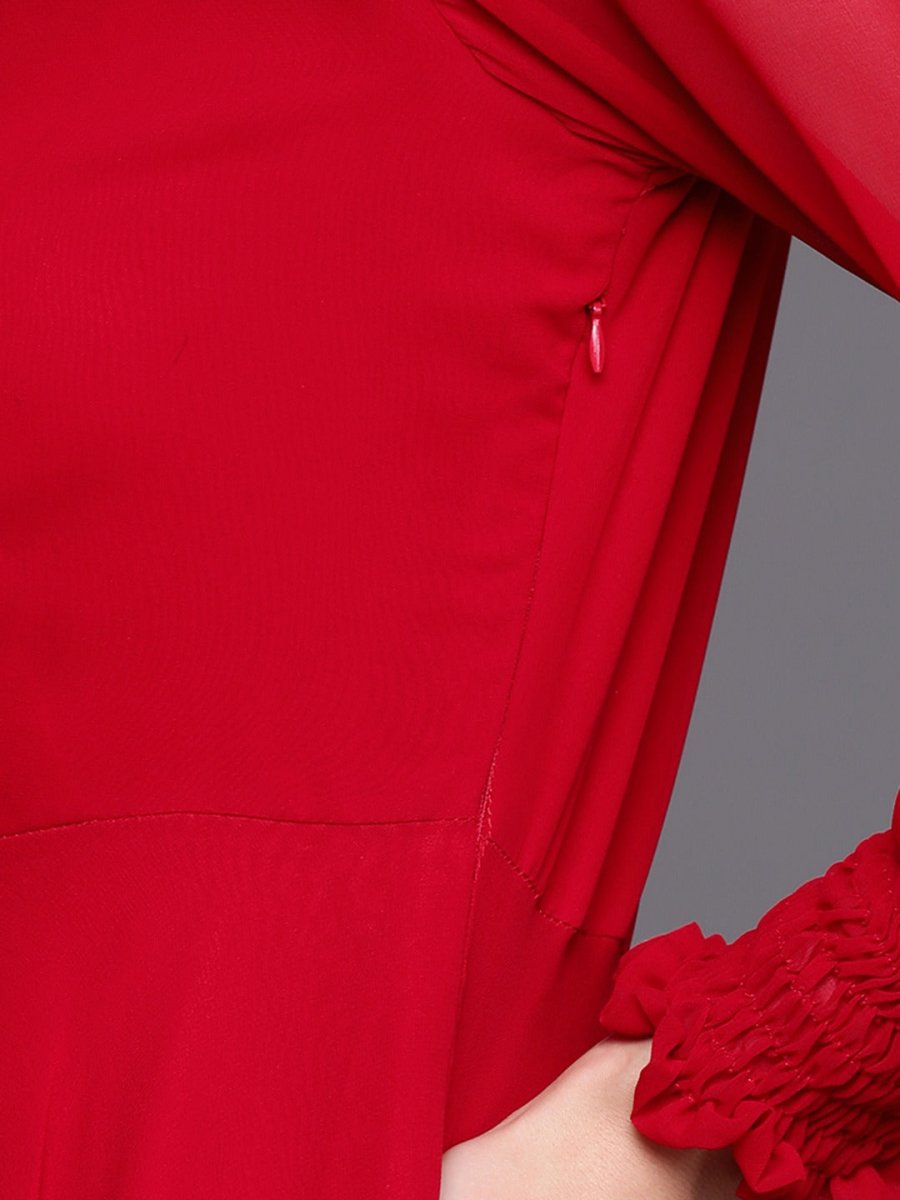 Women Red & Gold-Toned Embroidered Georgette Anarkali Kurta - Inddus.com