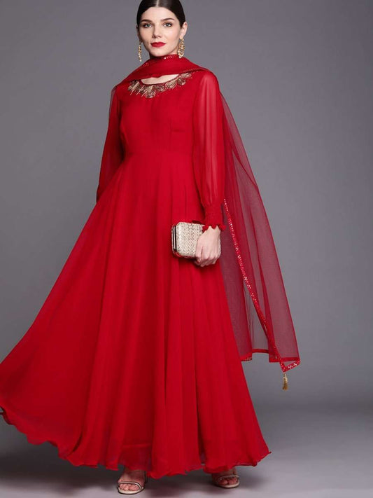 Women Red & Gold-Toned Embroidered Georgette Anarkali Kurta - Inddus.com