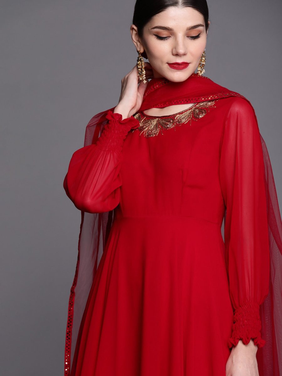Women Red & Gold-Toned Embroidered Georgette Anarkali Kurta - Inddus.com