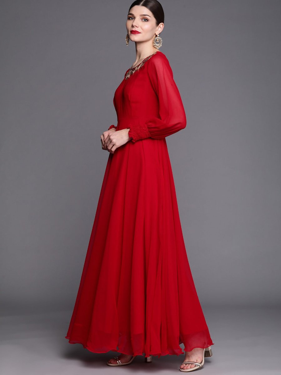 Women Red & Gold-Toned Embroidered Georgette Anarkali Kurta - Inddus.com