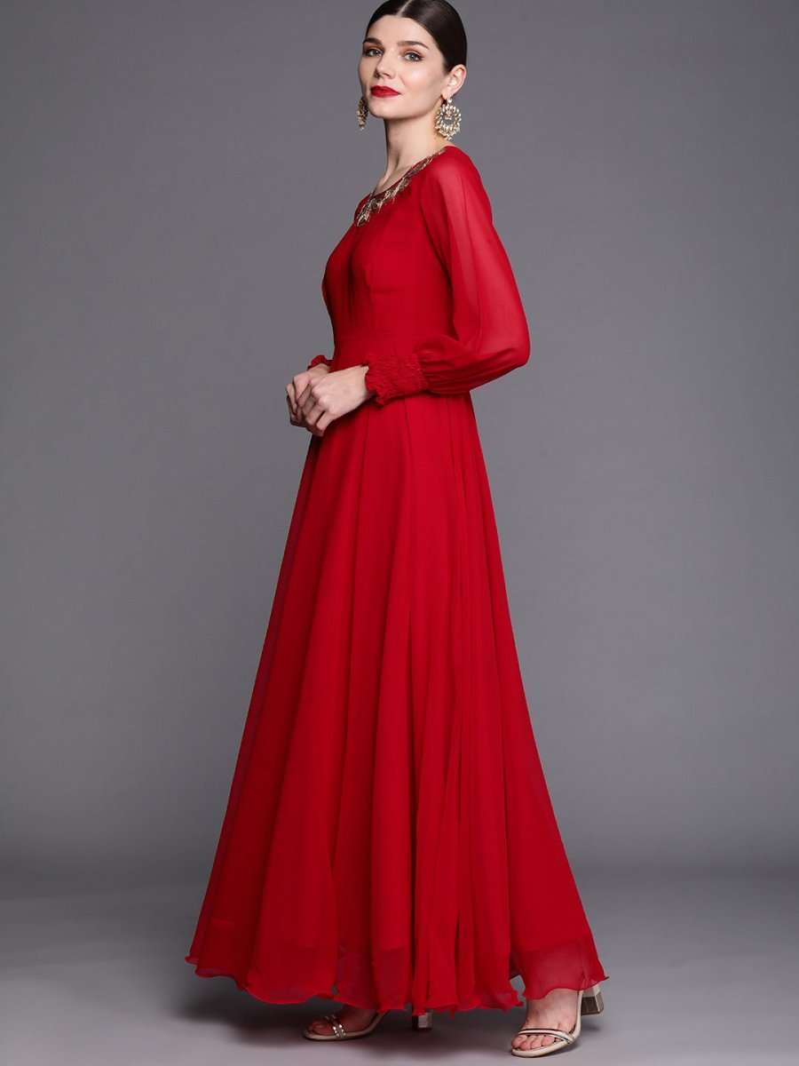 Women Red & Gold-Toned Embroidered Georgette Anarkali Kurta - Inddus.com