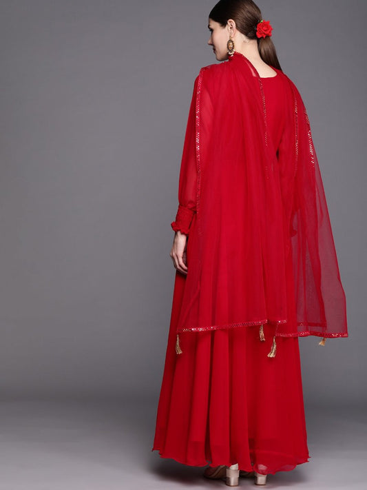 Women Red & Gold-Toned Embroidered Georgette Anarkali Kurta - Inddus.com