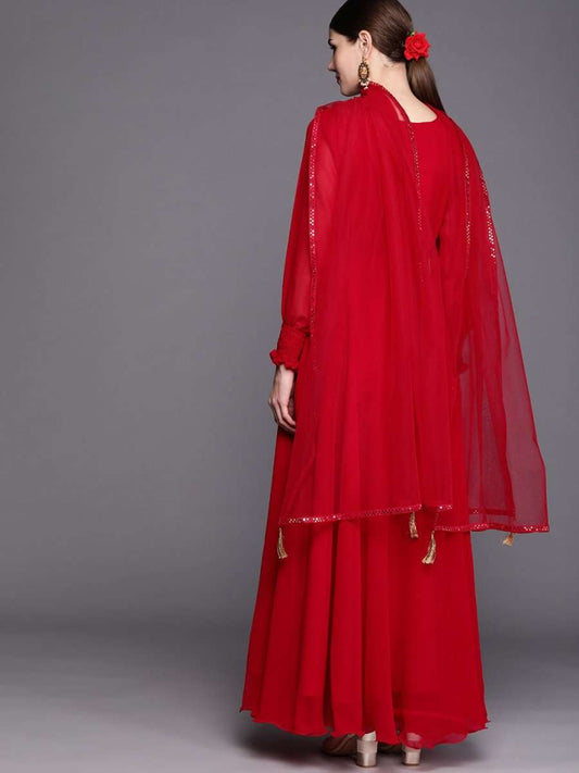 Women Red & Gold-Toned Embroidered Georgette Anarkali Kurta - Inddus.com