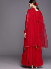 Women Red & Gold-Toned Embroidered Georgette Anarkali Kurta - Inddus.com