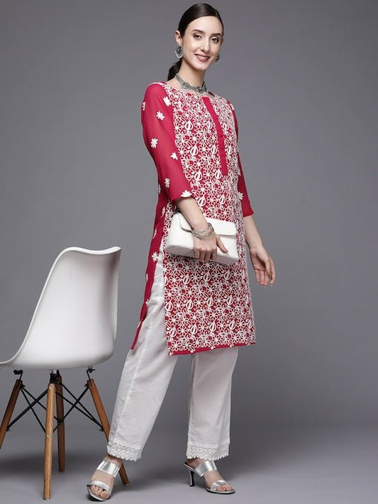 Women Red & White Ethnic Motifs Embroidered Georgette Kurta - Inddus.com