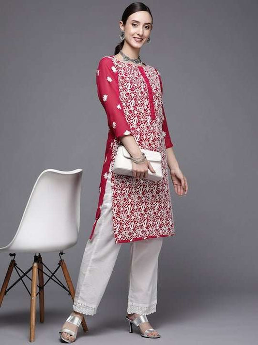 Women Red & White Ethnic Motifs Embroidered Georgette Kurta - Inddus.com