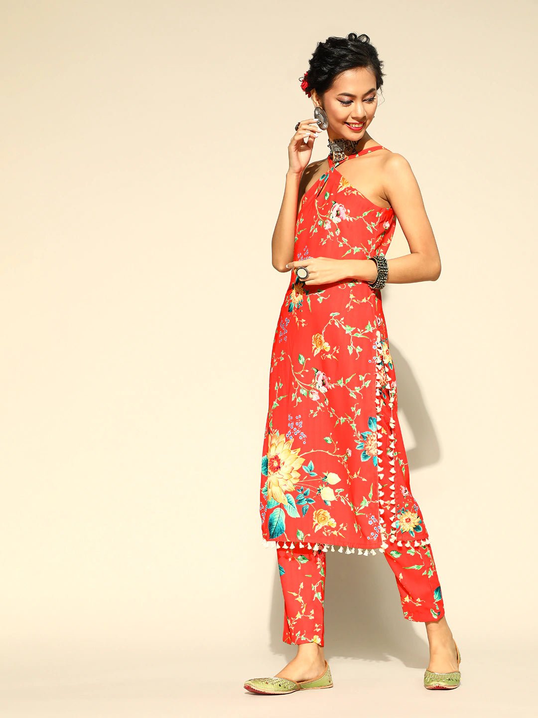 Women Red & Yellow Floral Print Tasselled Fusion Kurta with Trousers - Inddus.com