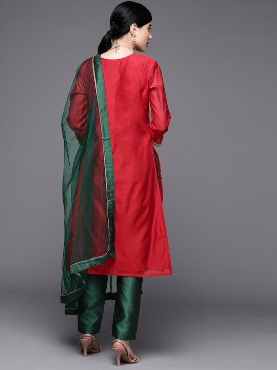Women Red Yoke Design Gotta Patti Chanderi Cotton Kurta with Trousers & With Dupatta - Inddus.com