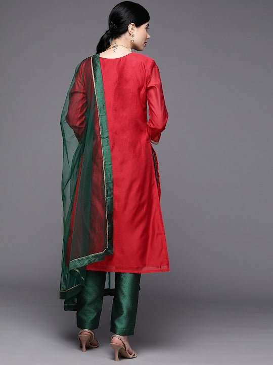 Women Red Yoke Design Gotta Patti Chanderi Cotton Kurta with Trousers & With Dupatta - Inddus.com