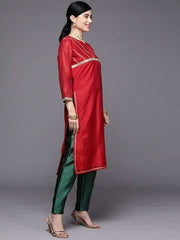 Women Red Yoke Design Gotta Patti Chanderi Cotton Kurta with Trousers & With Dupatta - Inddus.com
