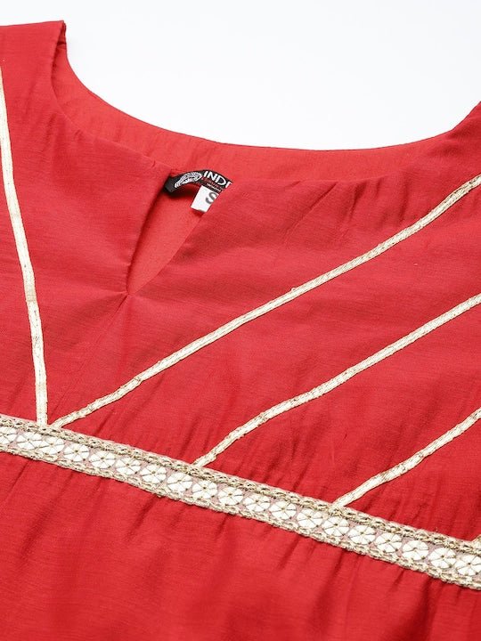 Women Red Yoke Design Gotta Patti Chanderi Cotton Kurta with Trousers & With Dupatta - Inddus.com