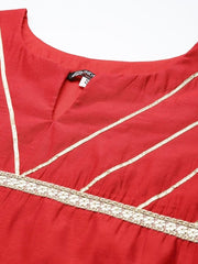 Women Red Yoke Design Gotta Patti Chanderi Cotton Kurta with Trousers & With Dupatta - Inddus.com