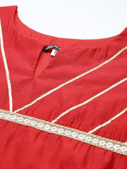 Women Red Yoke Design Gotta Patti Chanderi Cotton Kurta with Trousers & With Dupatta - Inddus.com